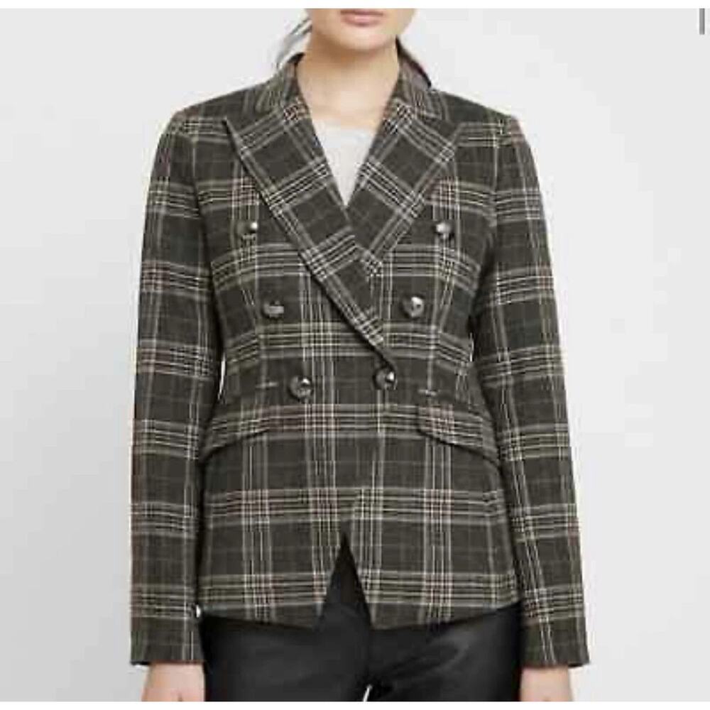 Banana Republic Plaid Cadet Double Breasted Blazer Gray Tan Women's Size 9